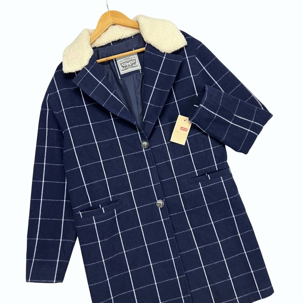 NEW Levi's Women's Plaid Wool Blend Top Coat Large Sherpa Lined Collar Navy Blue